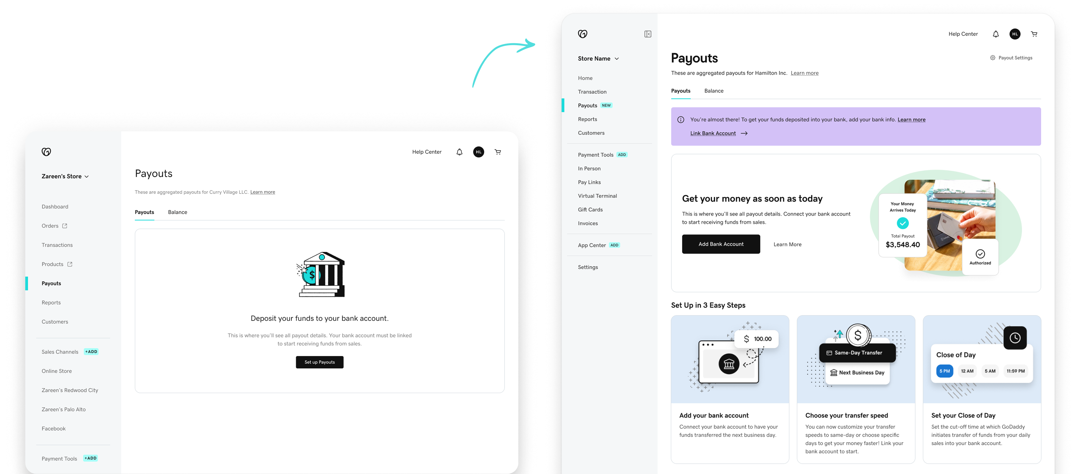 Existing vs new payouts page &mdash; zero state comparison