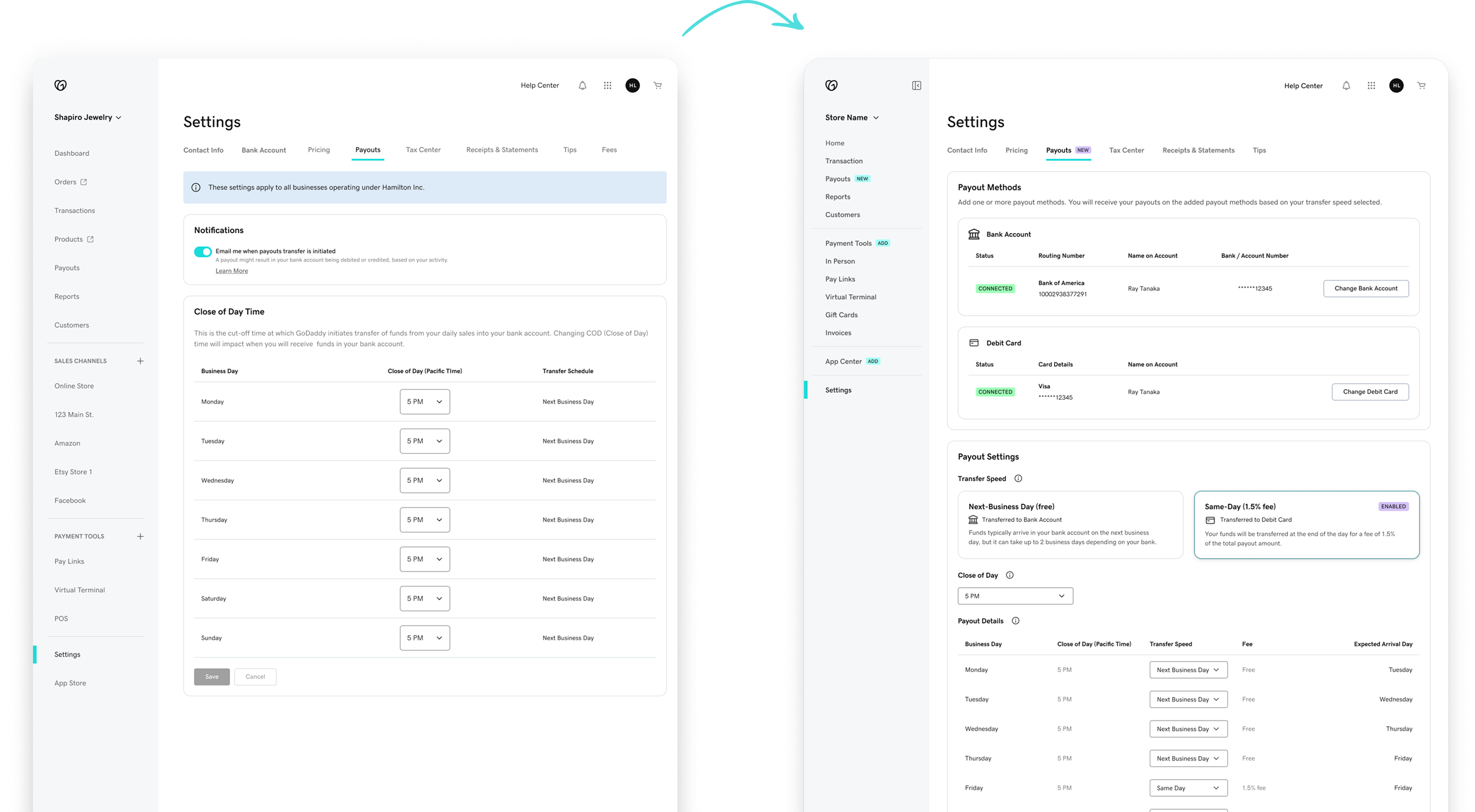 New payout settings page &mdash; speed, schedule, and fee disclosure