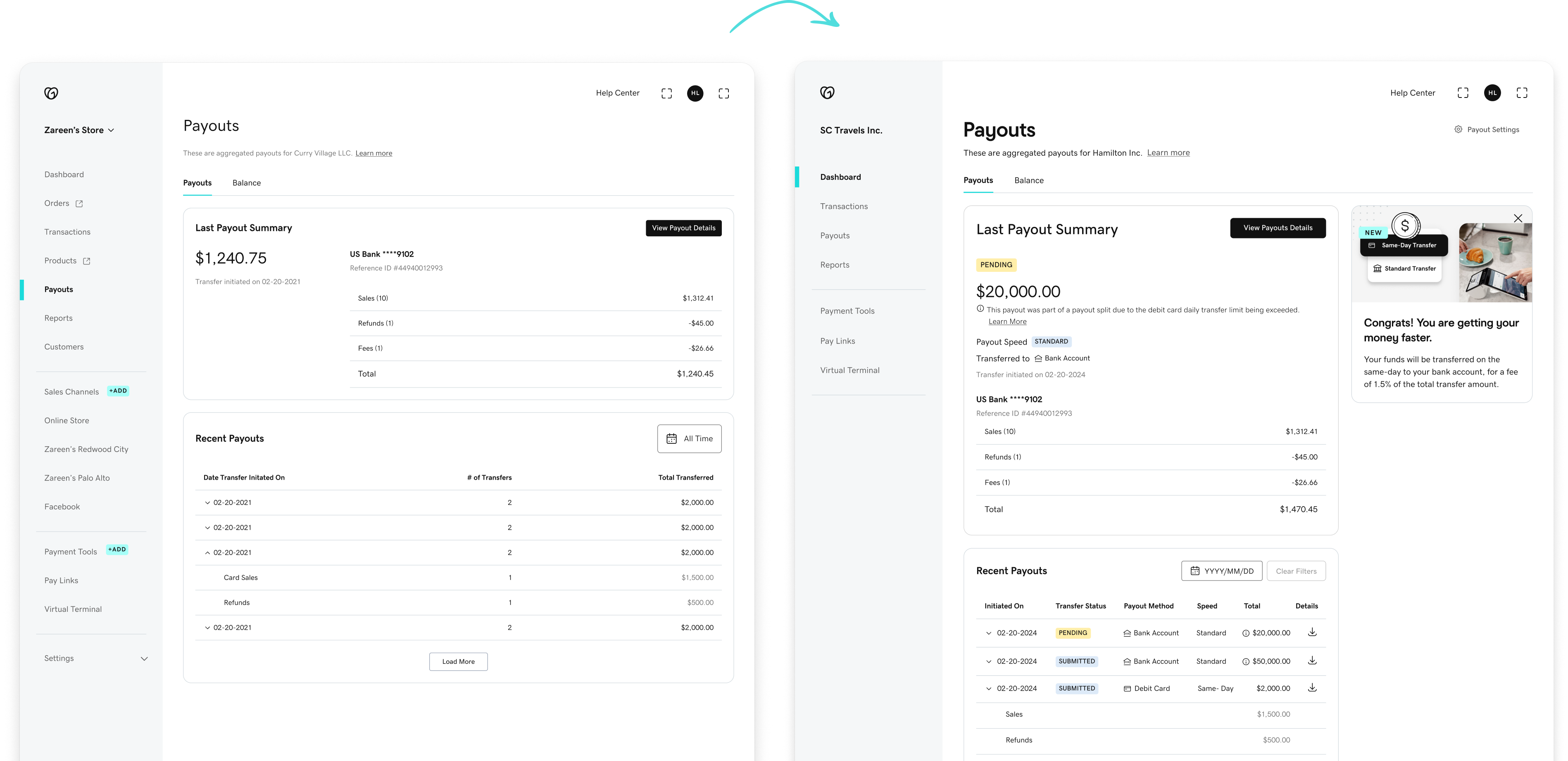 New payouts page with the Faster Payouts callout
