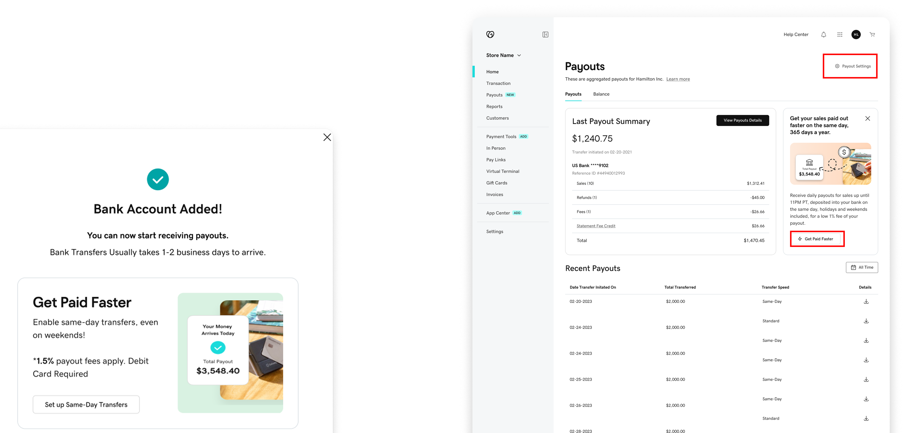 New entry points across the dashboard surfacing Faster Payouts