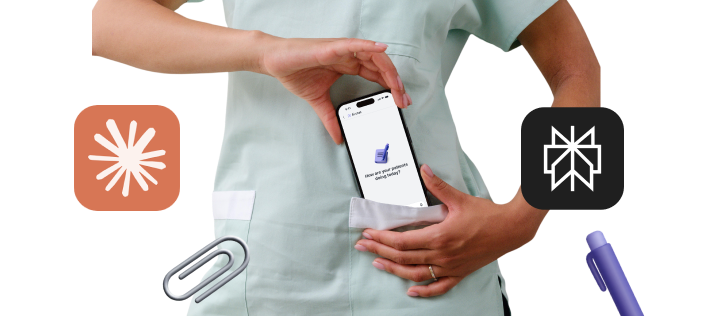 A doctor holding an iPhone, surrounded by AI tool icons used during the project