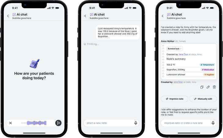 Three iPhone mockups side-by-side showing structured, AI-tagged Logcare notes