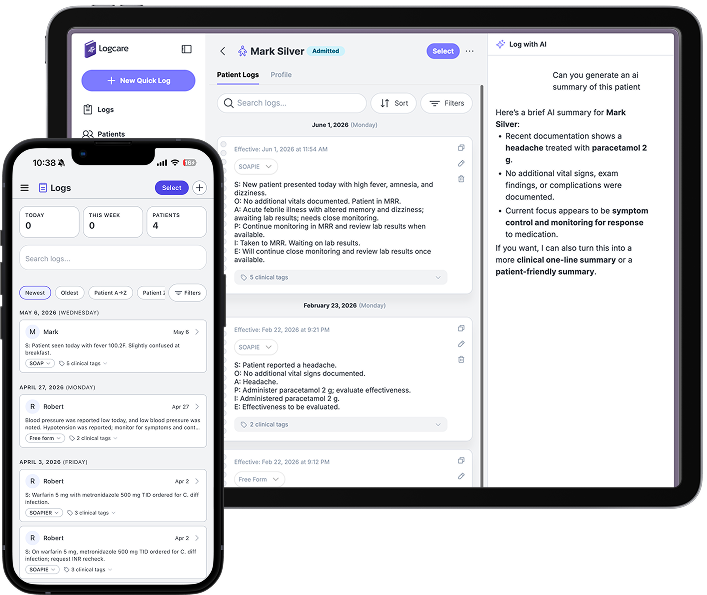 iPad Pro and iPhone showing Logcare patient and note management