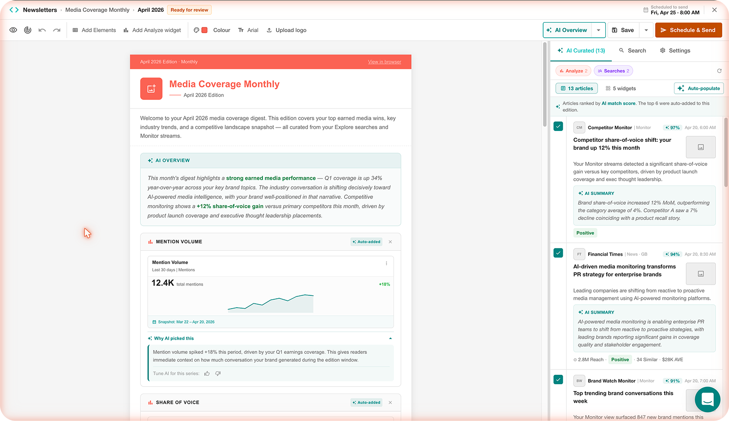 AI-powered newsletter editor &mdash; dual-panel layout with curation sidebar
