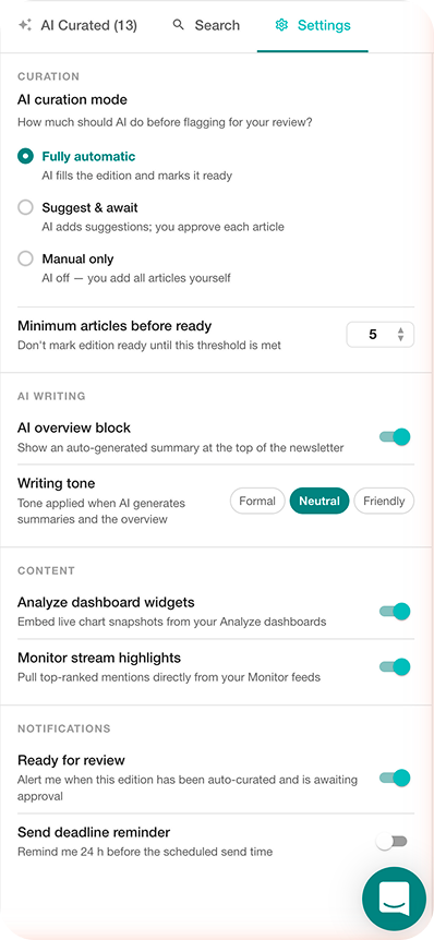 AI editor settings panel &mdash; curation mode, content sources, and notification controls
