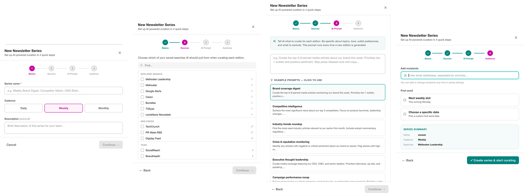 New Newsletter Series wizard &mdash; 4-step guided setup flow