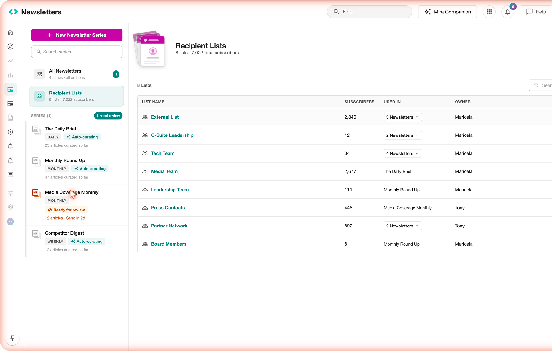 Recipient Lists section &mdash; centralized subscriber management with 8 lists